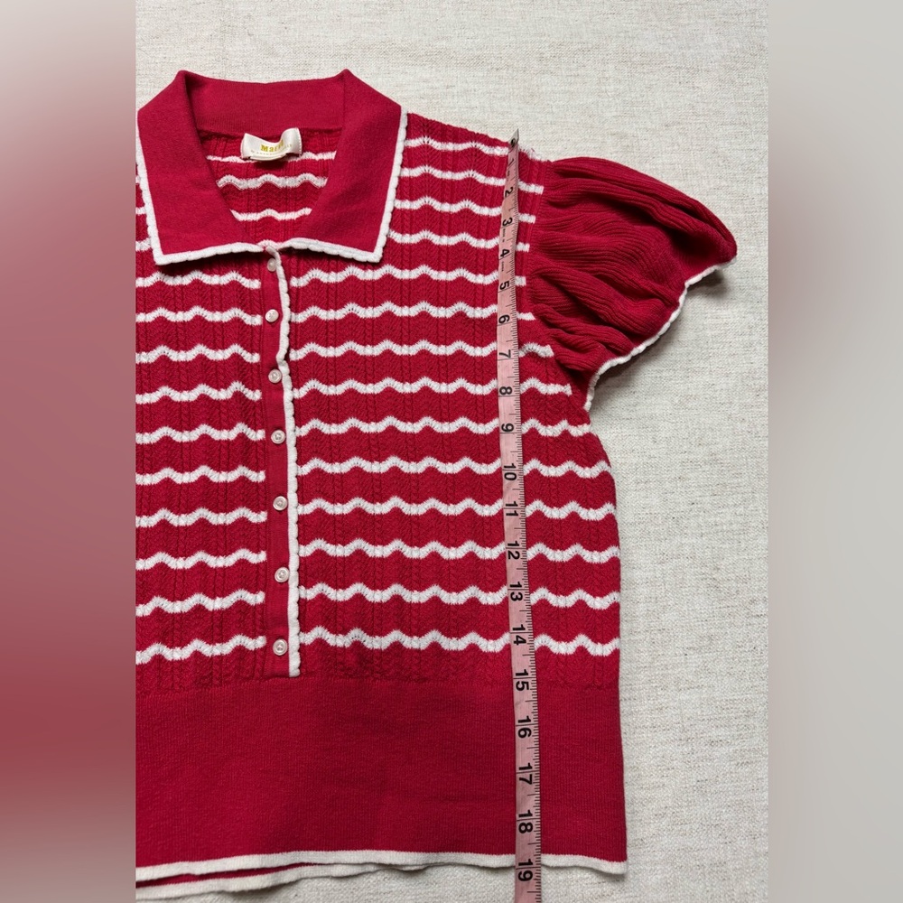 Maeve Knit Polo Shirt Size L Red White Striped Puff Sleeve Preppy Retro Collared - Picture 4 of 7